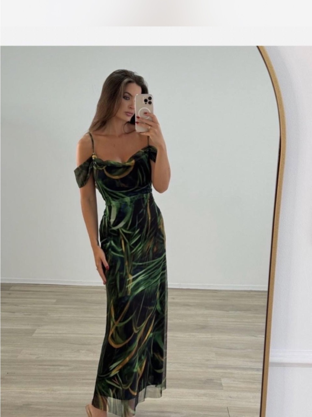 Zara Green Botanical Print Off-Shoulder Maxi Dress